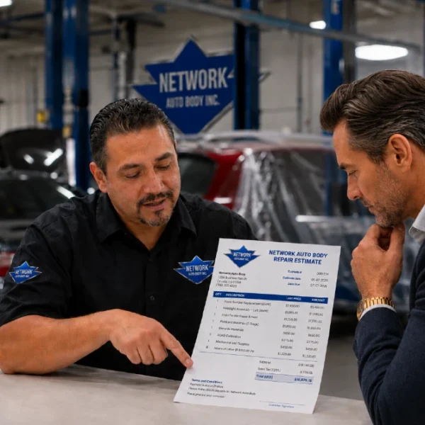 Network Auto Body specialist reviewing an auto body repair estimate with a customer and explaining collision repair costs line by line.