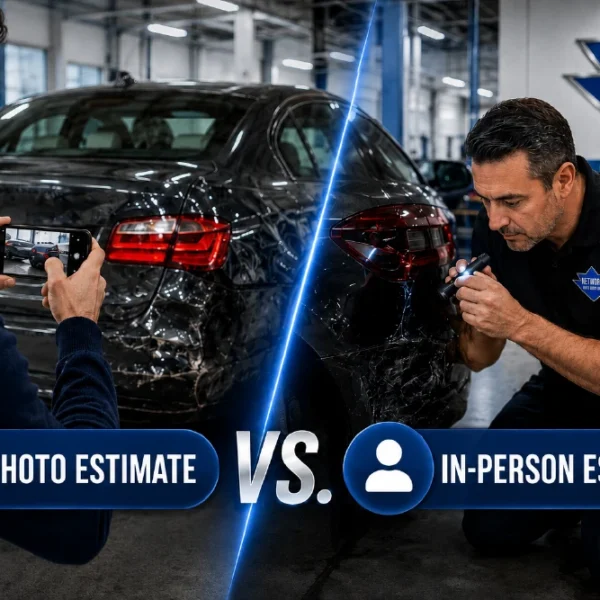 Split view comparing a photo estimate with an in-person inspection of rear vehicle damage for a more accurate collision repair estimate.