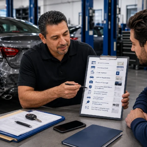Customer reviewing a body shop document checklist with a Network Auto Body specialist, including insurance, registration, and accident information.