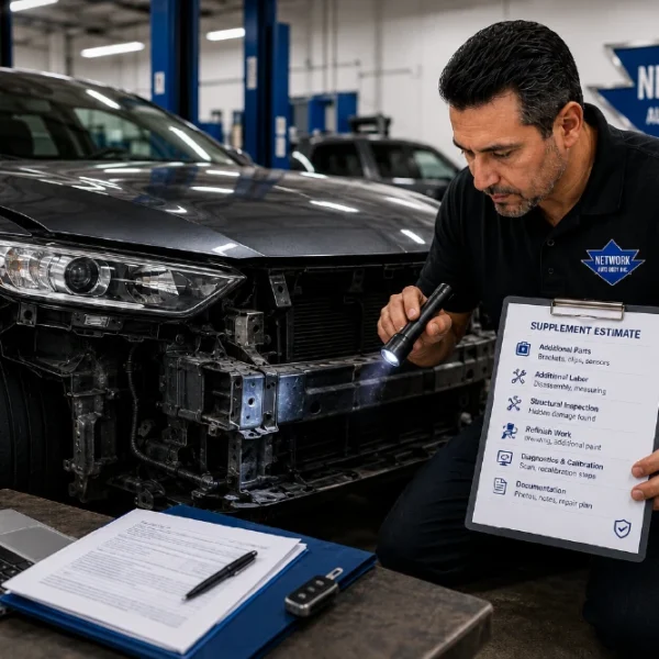 Network Auto Body technician inspecting hidden front-end collision damage while explaining a supplement estimate for additional repair work.