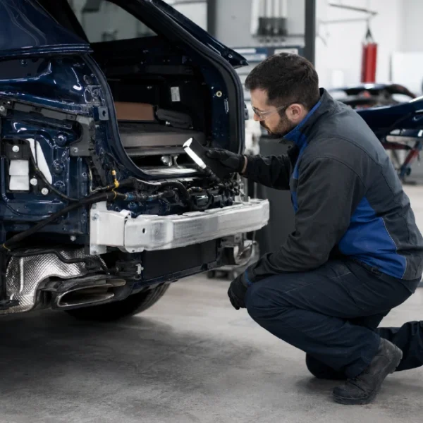 Technician inspecting hidden rear collision damage after teardown, showing why an initial auto body repair estimate may change during repairs.